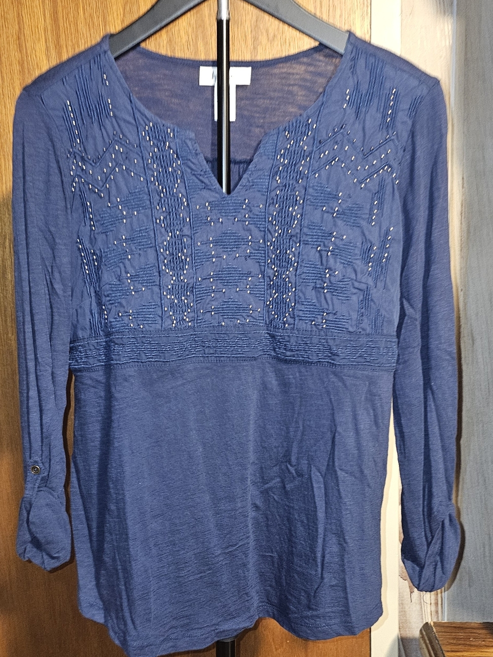 Style & Co. Navy Embellished V‑Neck Long Sleeve Petite Top